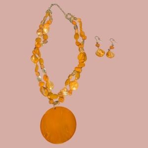 Elegant Orange Beaded Necklace and Earring Set Mother Of Pearl Faceted Beads